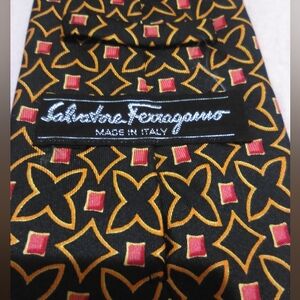 Salvatore FERRAGAMO Black Silk Patterned Tie - Gold & Red Accents